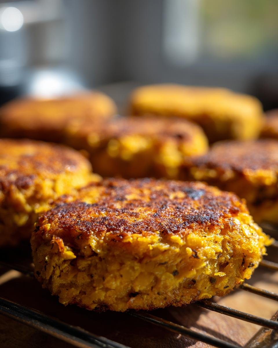 Close-up of Crispy Sweet Potato Lentil Patties cooling on a wire rack, showing golden-brown crust.