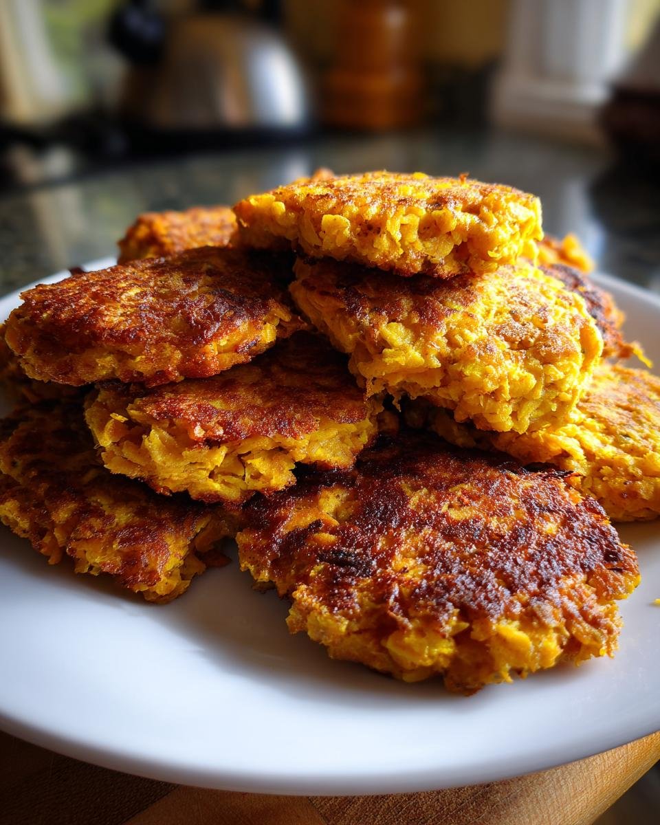 A stack of golden brown Crispy Sweet Potato Lentil Patties on a white plate, ready to serve.