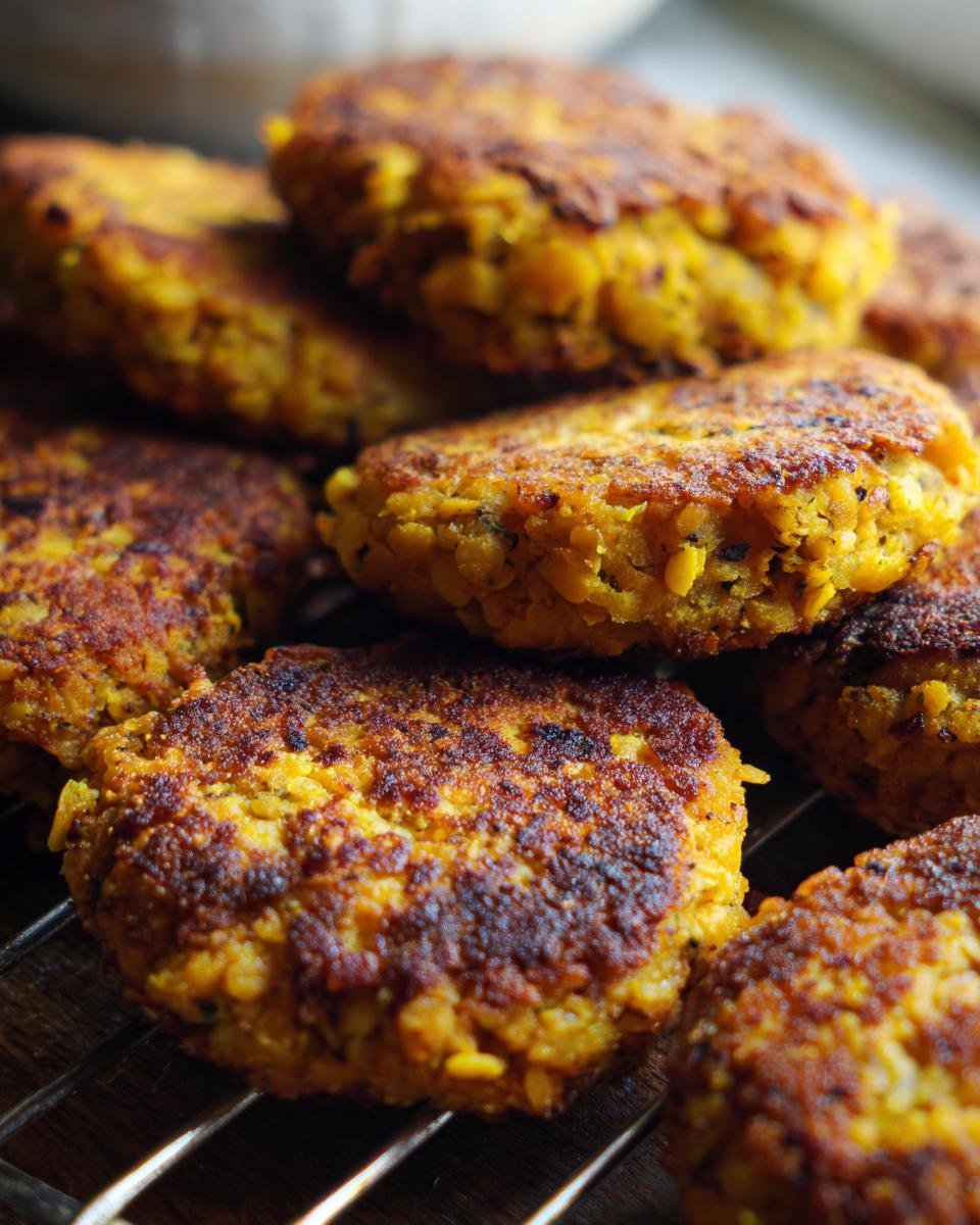 A stack of golden brown Crispy Sweet Potato Lentil Patties on a wire rack.