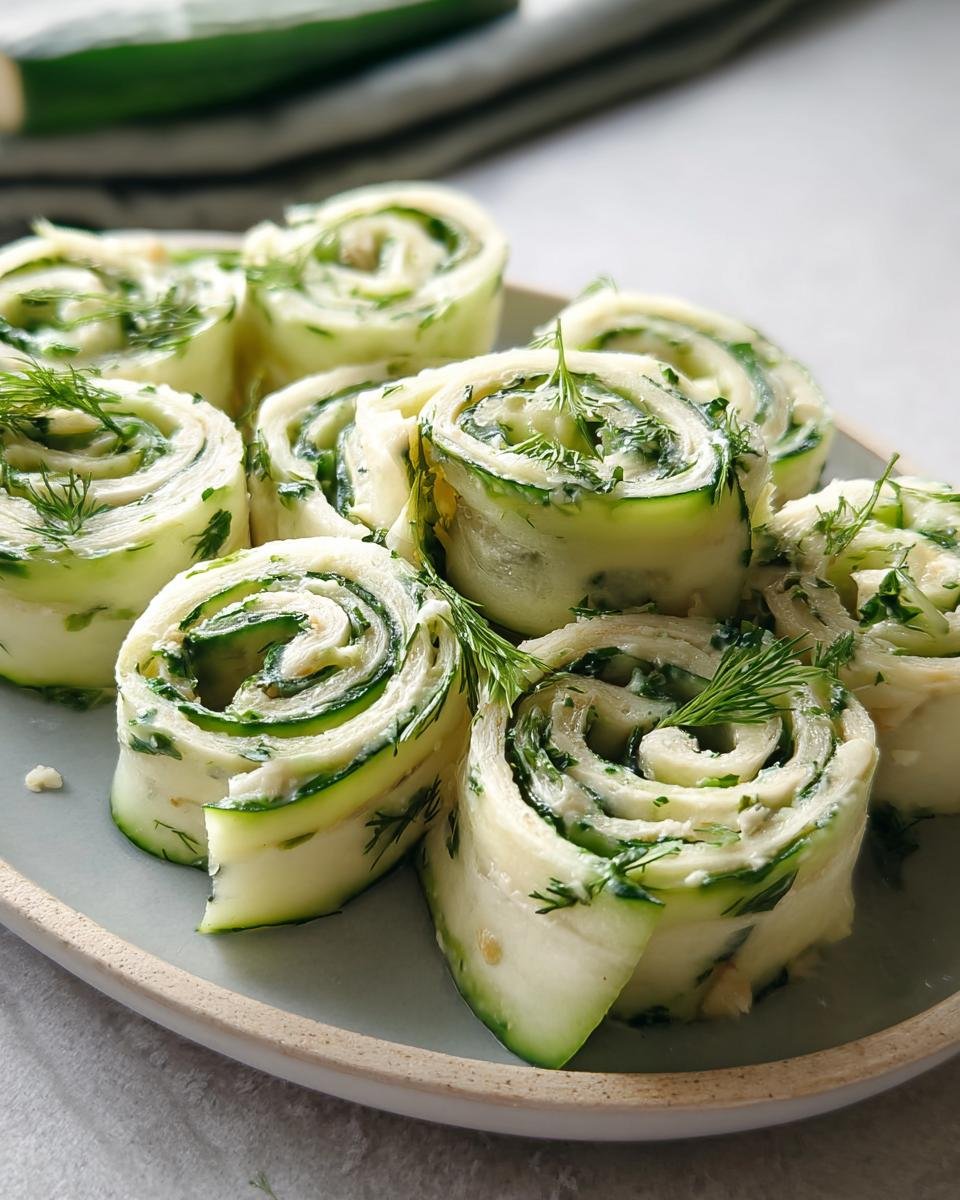 Close-up of Cucumber Dill Pinwheels on a plate, garnished with fresh dill.