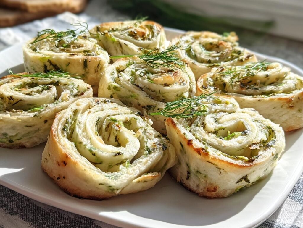 A plate of freshly made Cucumber Dill Pinwheels, garnished with dill sprigs, ready to serve.