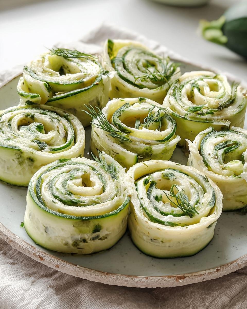 A plate of fresh Cucumber Dill Pinwheels, garnished with dill sprigs, ready to serve.