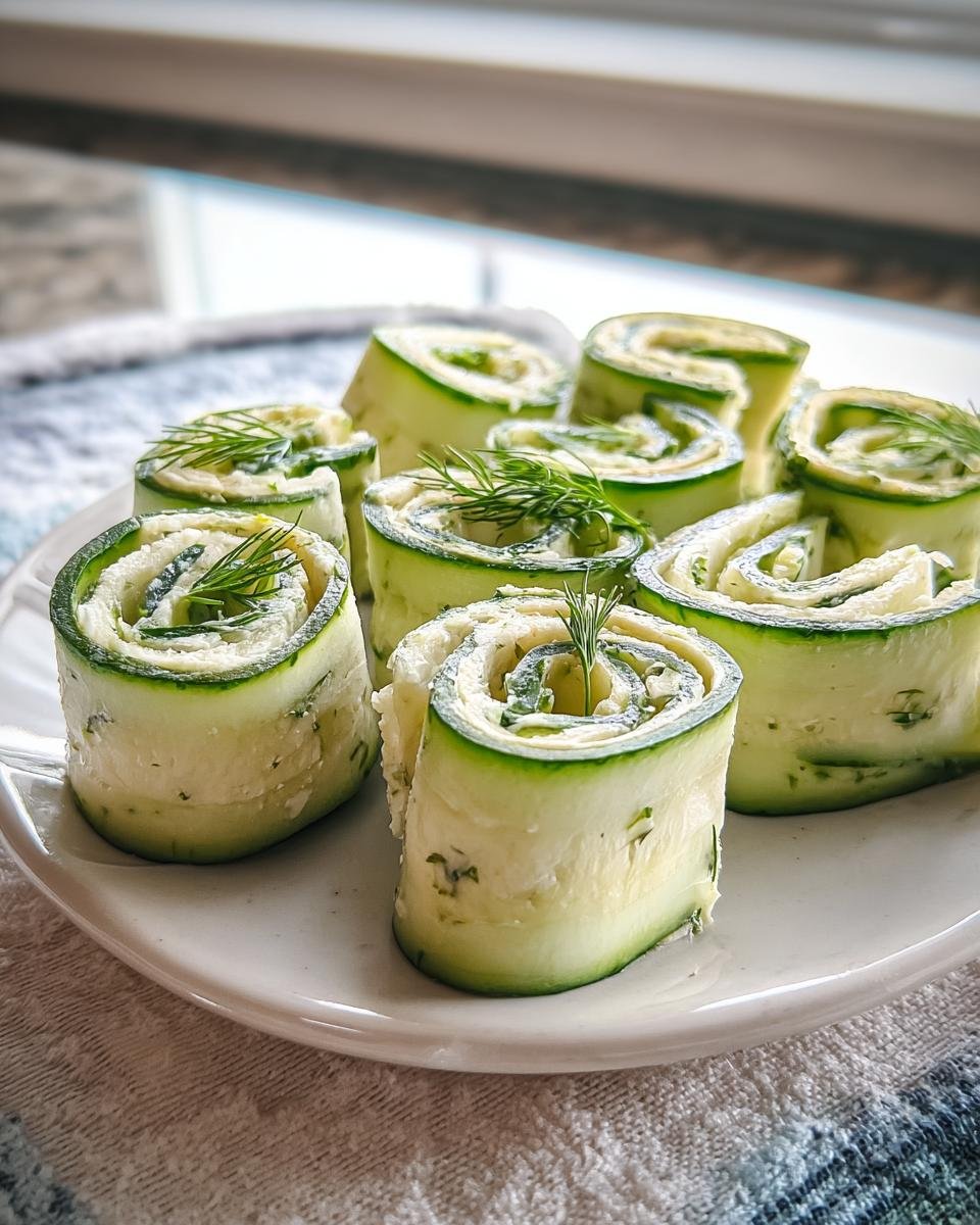 A plate of Cucumber Dill Pinwheels, garnished with fresh dill sprigs. A quick and easy appetizer.