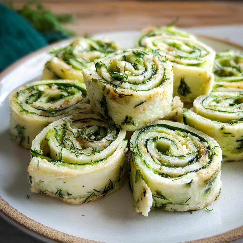 Close-up of Cucumber Dill Pinwheels on a plate, showcasing the cucumber, dill, and rolled design.