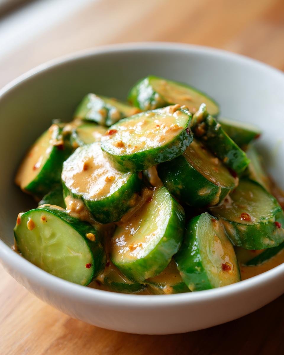 Close-up of a bowl of Cucumbers in Spicy Peanut Sauce, showing the sliced cucumbers and peanut sauce.