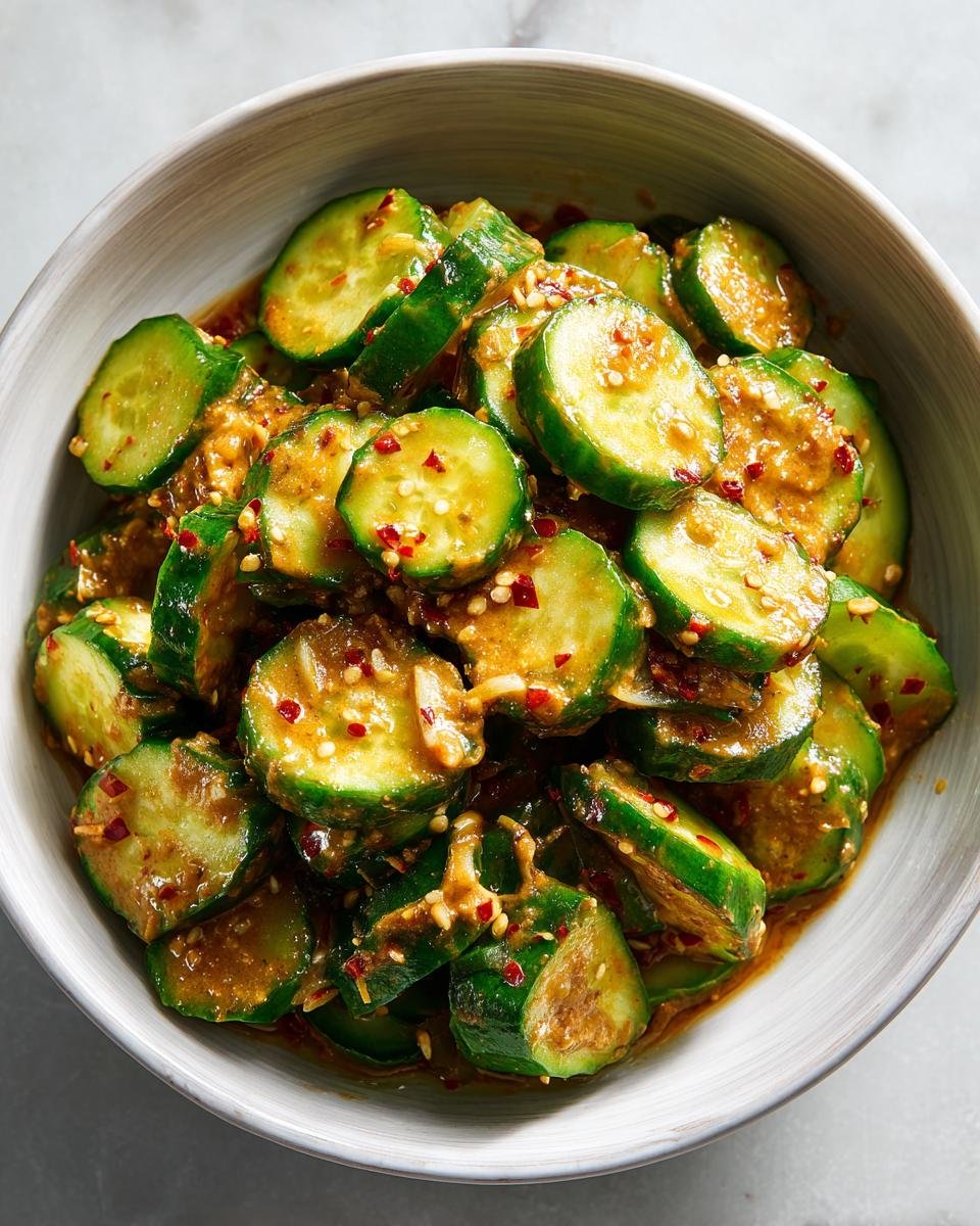 Bowl of sliced cucumbers in spicy peanut sauce, topped with red pepper flakes and sesame seeds.