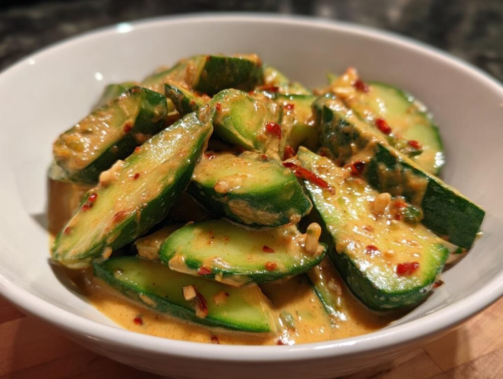 Close-up of Cucumbers in Spicy Peanut Sauce, served in a white bowl with visible chili flakes.