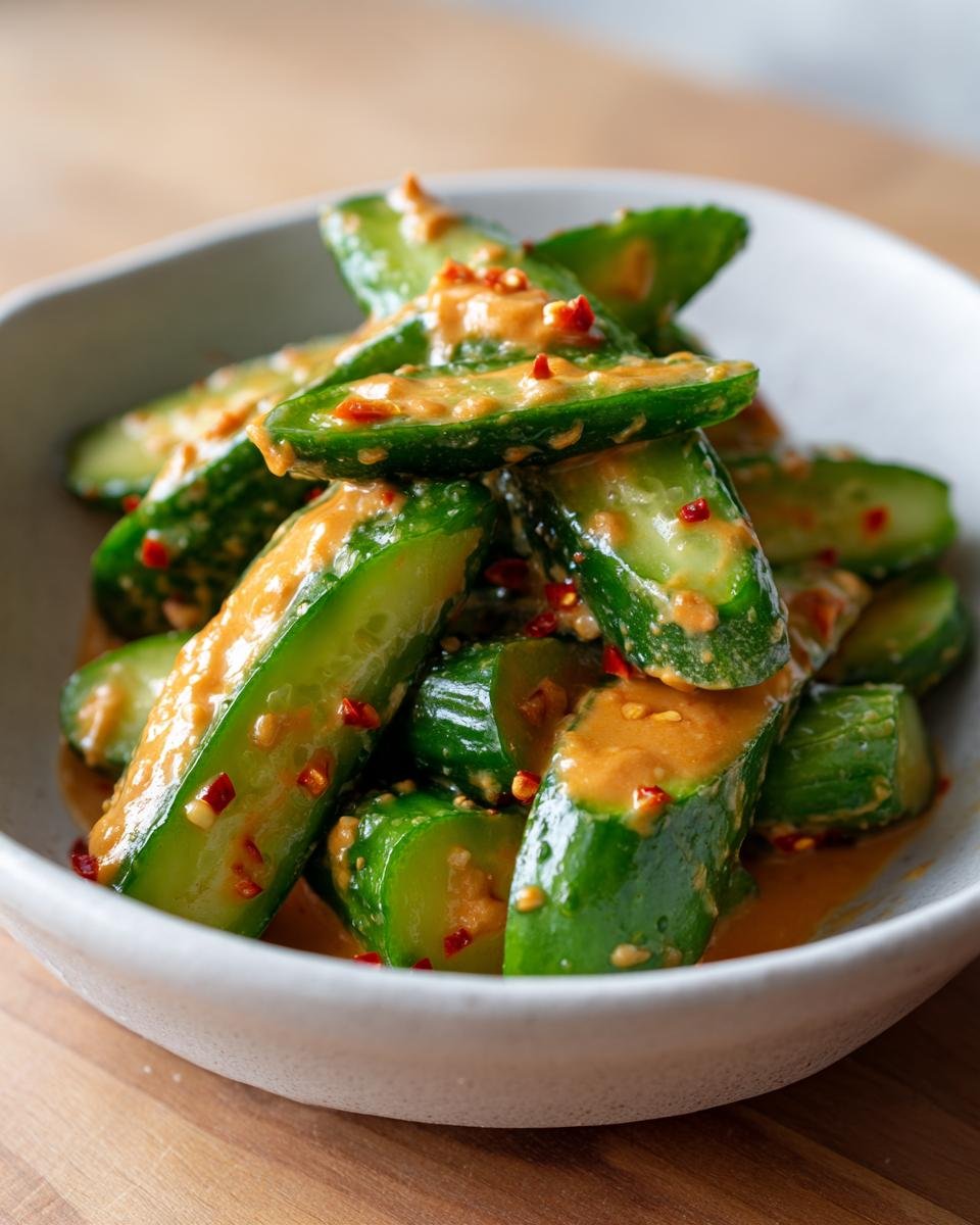 Close-up of Cucumbers in Spicy Peanut Sauce, served in a white bowl and garnished with red pepper flakes.