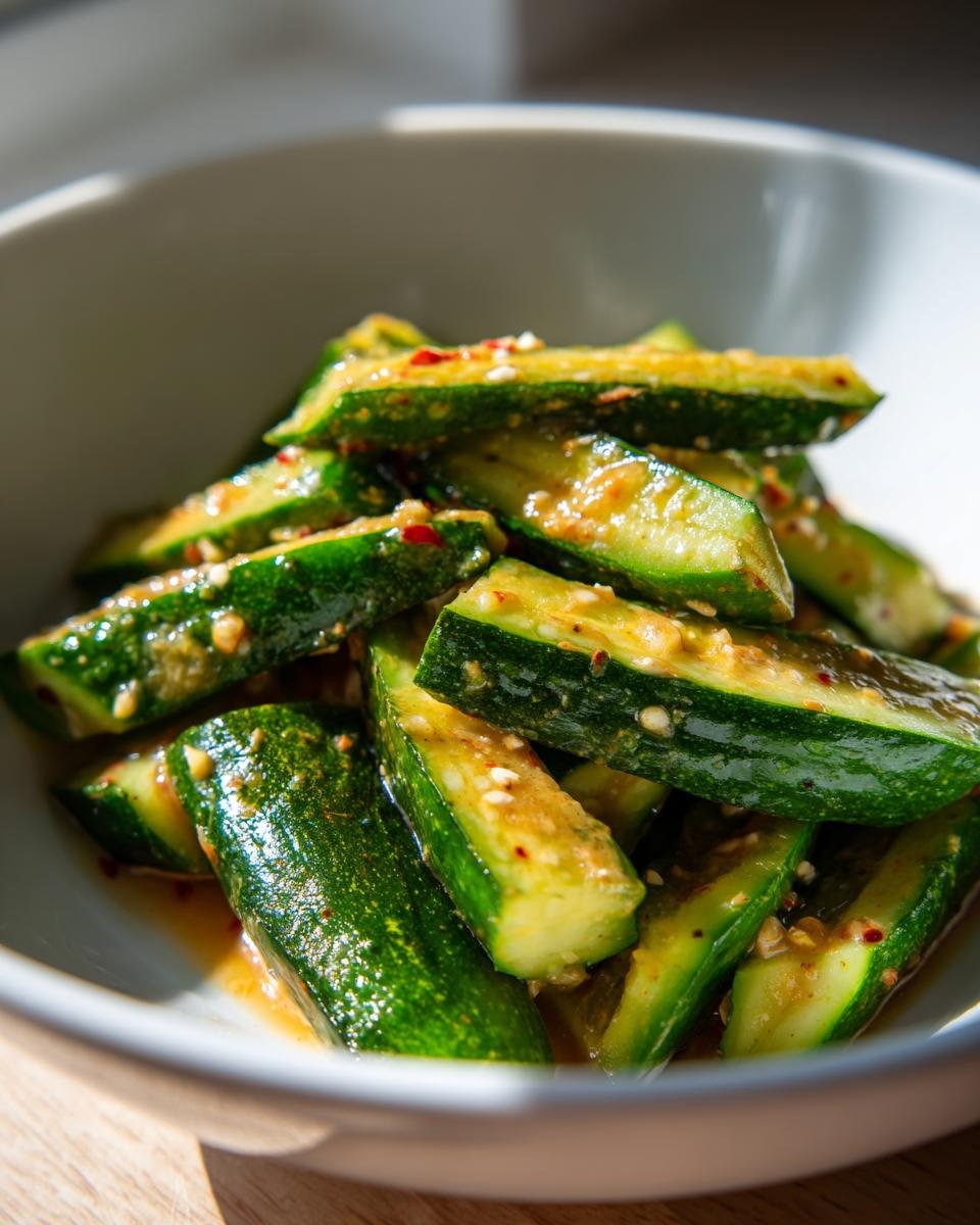 Close-up of Cucumbers in Spicy Peanut Sauce in a white bowl, showing the vibrant green cucumbers and peanut sauce.