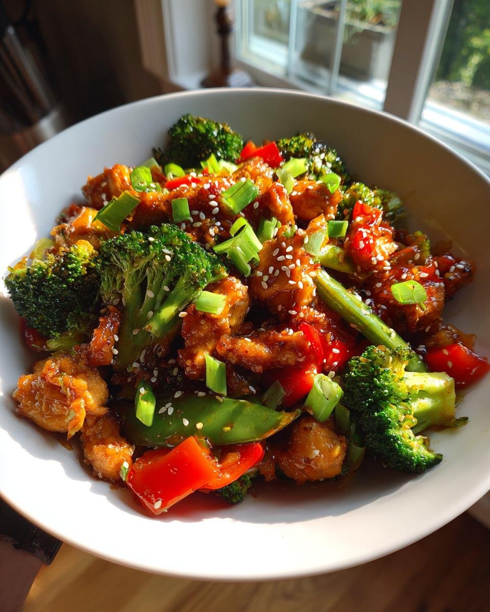 A colorful bowl of Diabetic-friendly low-carb stir-fry with chicken, broccoli, peppers, and sesame seeds.