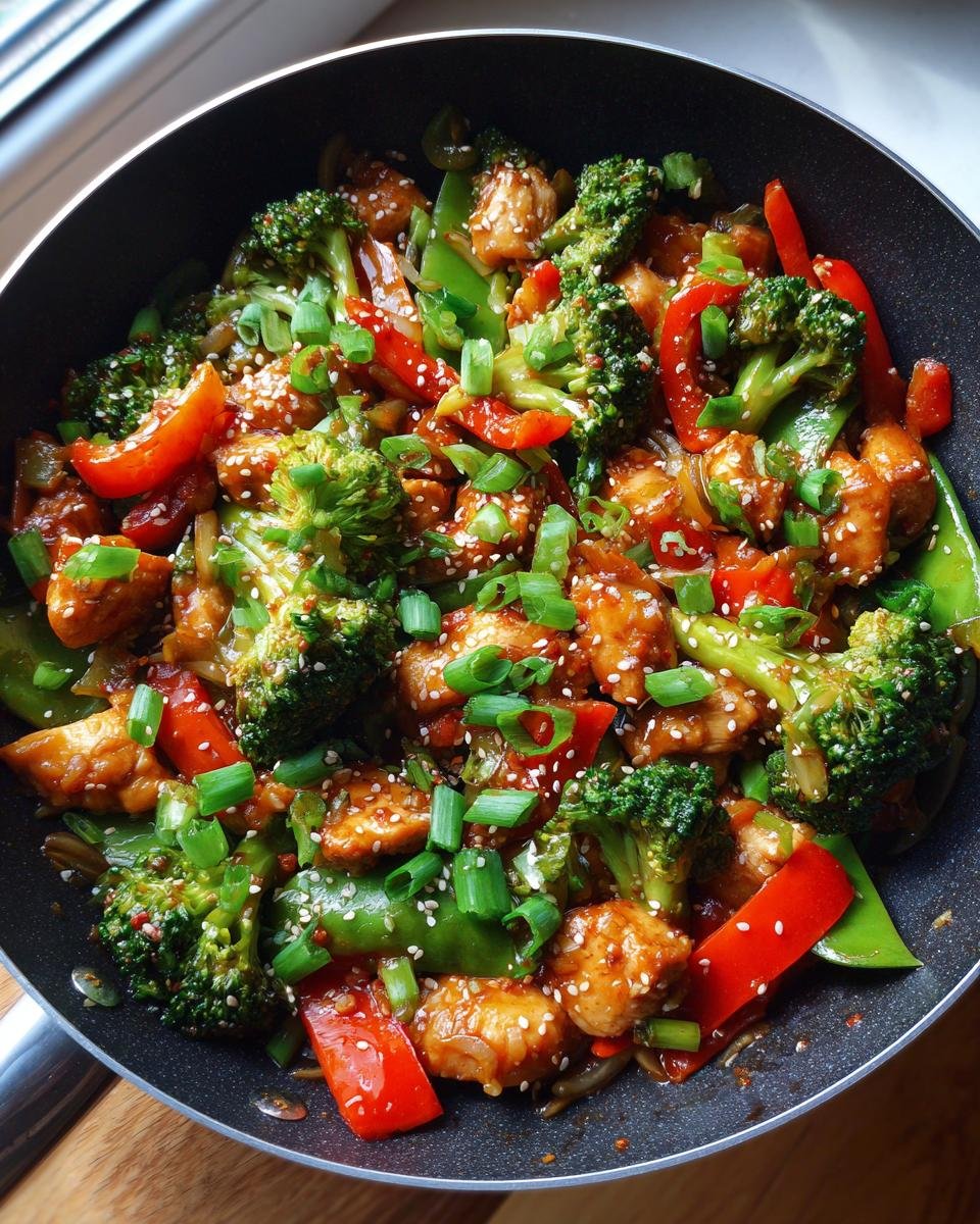 A pan filled with Diabetic-friendly low-carb stir-fry, featuring chicken, broccoli, peppers, and green onions.