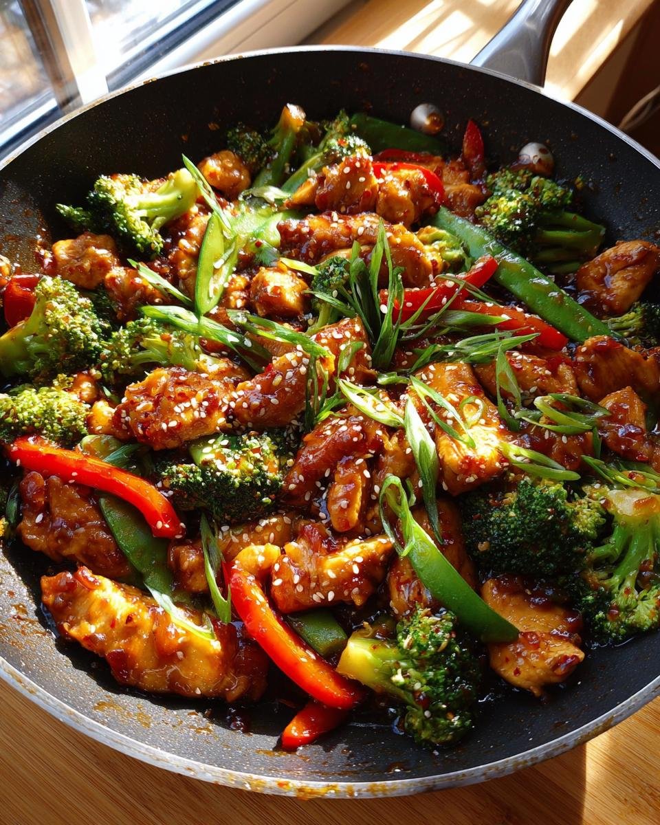 A pan filled with a colorful Diabetic-friendly low-carb stir-fry, featuring chicken, broccoli, peppers, and sesame seeds.