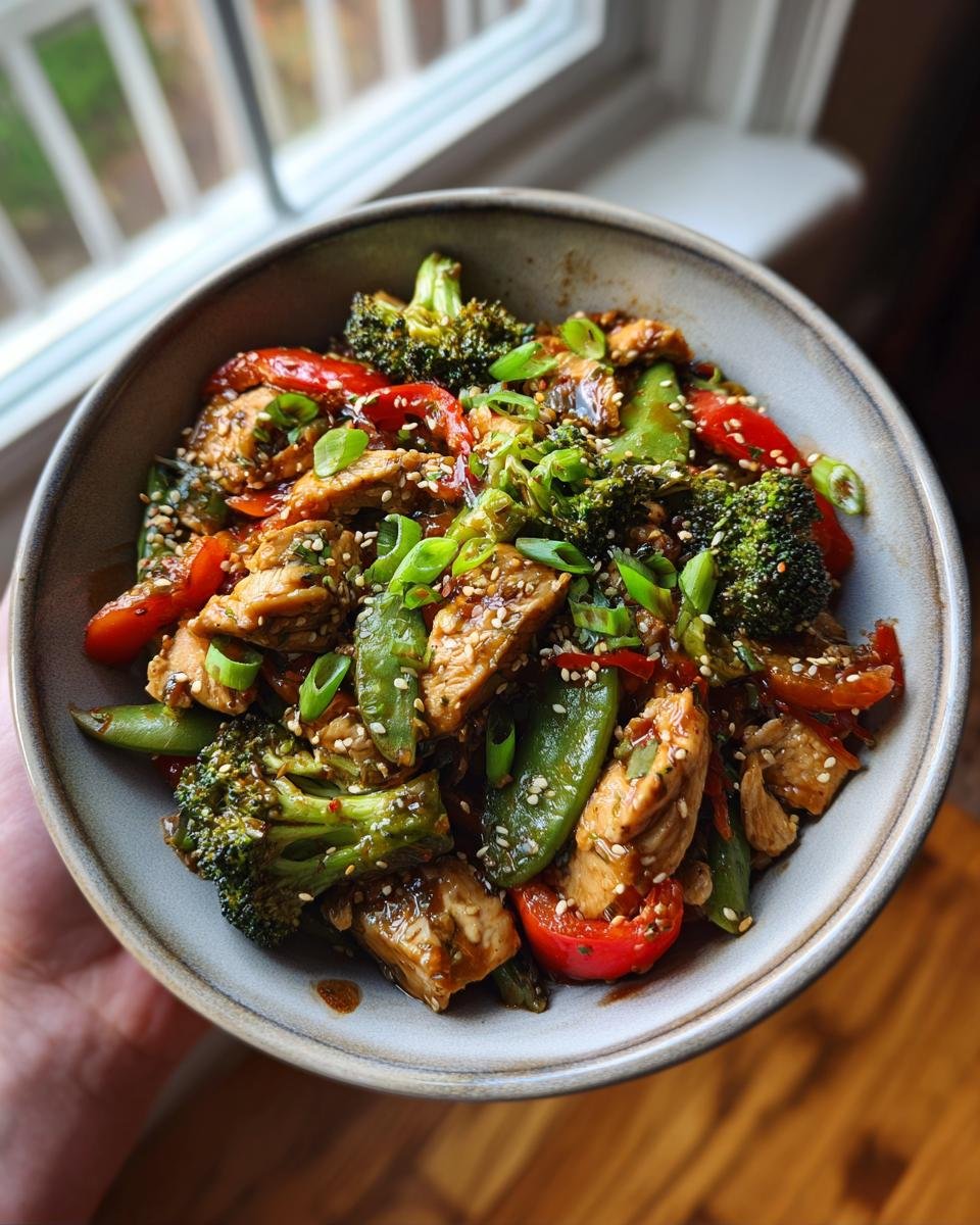 A colorful bowl of Diabetic-friendly low-carb stir-fry with broccoli, peppers, and protein, garnished with sesame seeds and scallions.