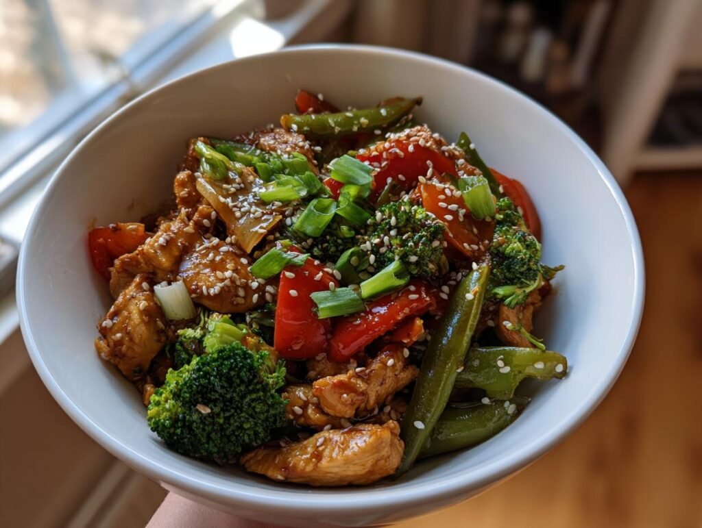A bowl of Diabetic-friendly low-carb stir-fry with chicken, broccoli, peppers, and sesame seeds.