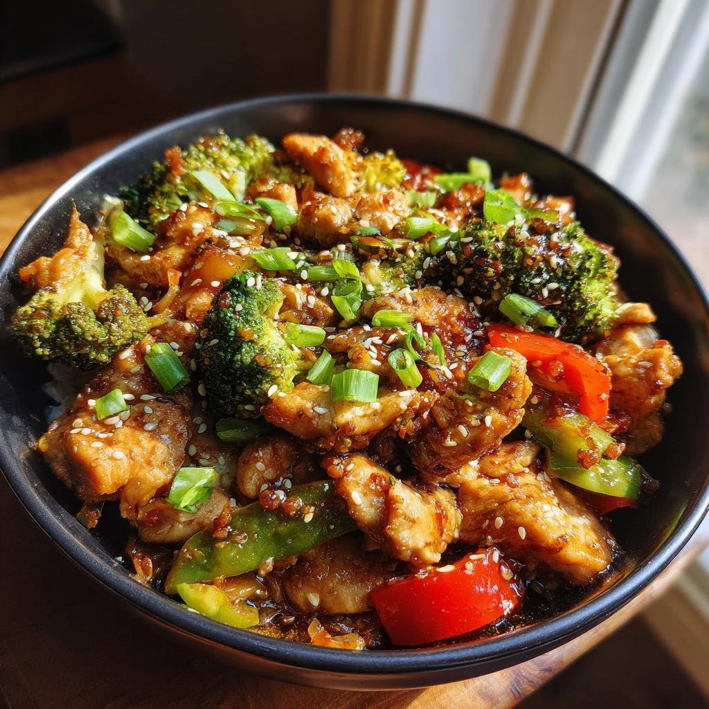 A bowl of Diabetic-friendly low-carb stir-fry with chicken, broccoli, peppers, and sesame seeds.
