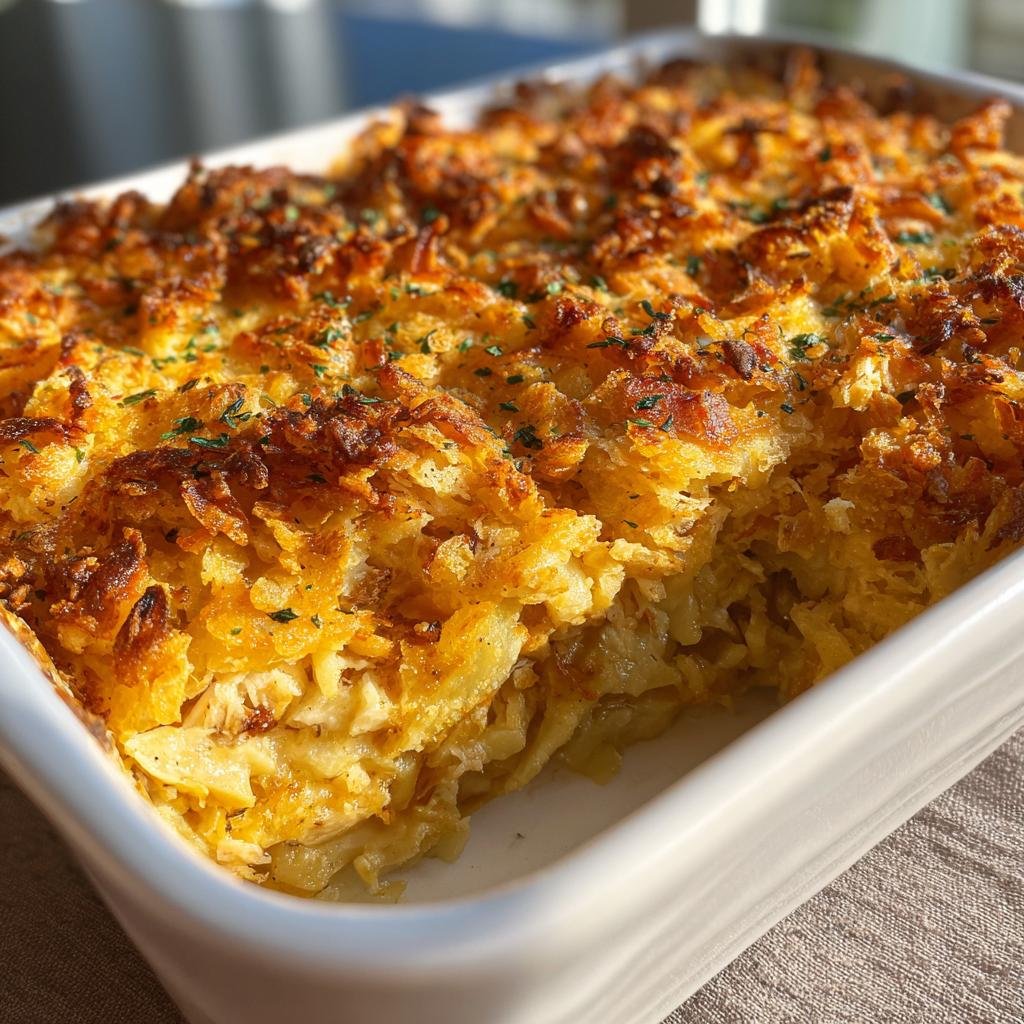Close up of Dolly's Chicken and Stuffing Casserole in a white baking dish, showing layers and a golden-brown topping.