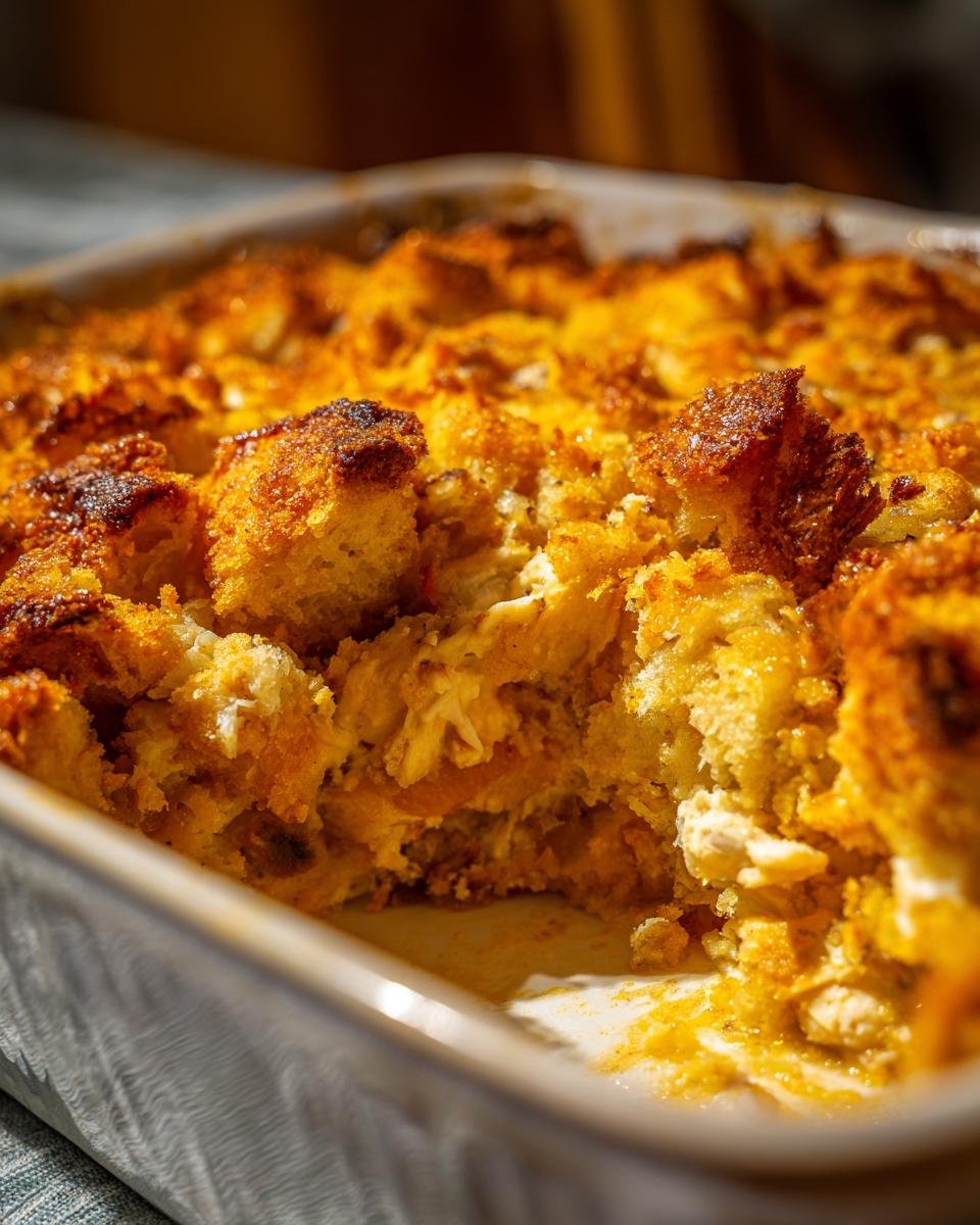 Close-up of Dolly's Chicken and Stuffing Casserole in a baking dish, showing the layers of chicken and stuffing.