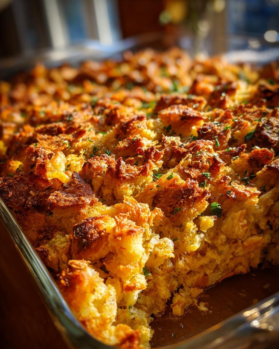 Golden-brown Dolly's Chicken and Stuffing Casserole in a glass baking dish, garnished with herbs.