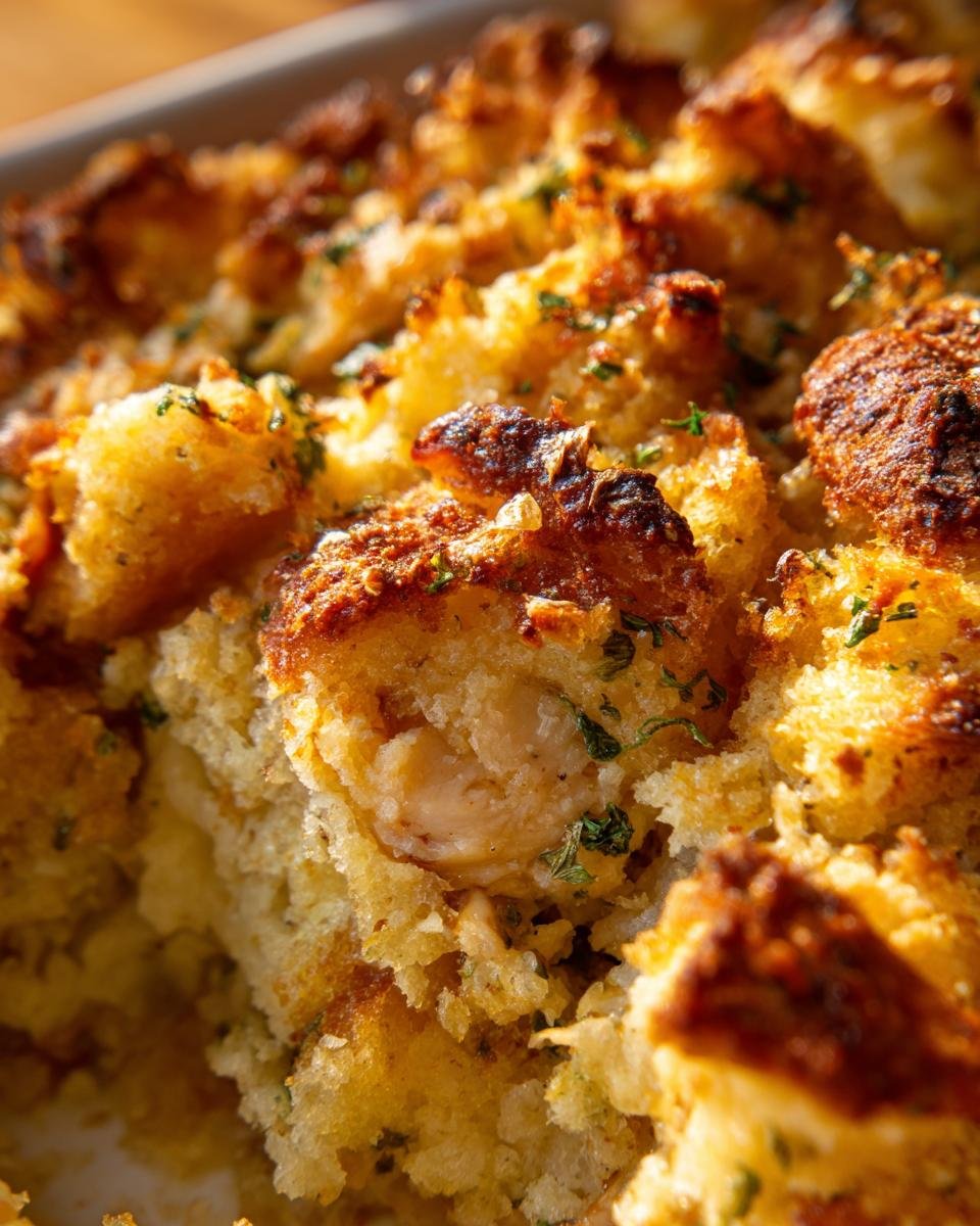 A close-up of Dolly's Chicken and Stuffing Casserole, showcasing the golden-brown crust and chicken pieces.