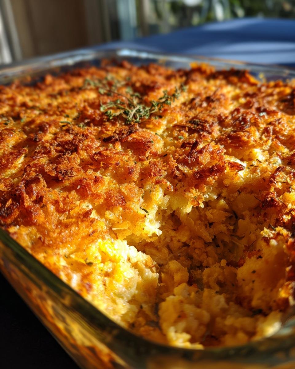 Golden brown Dolly's Chicken and Stuffing Casserole in a glass baking dish, ready to serve.
