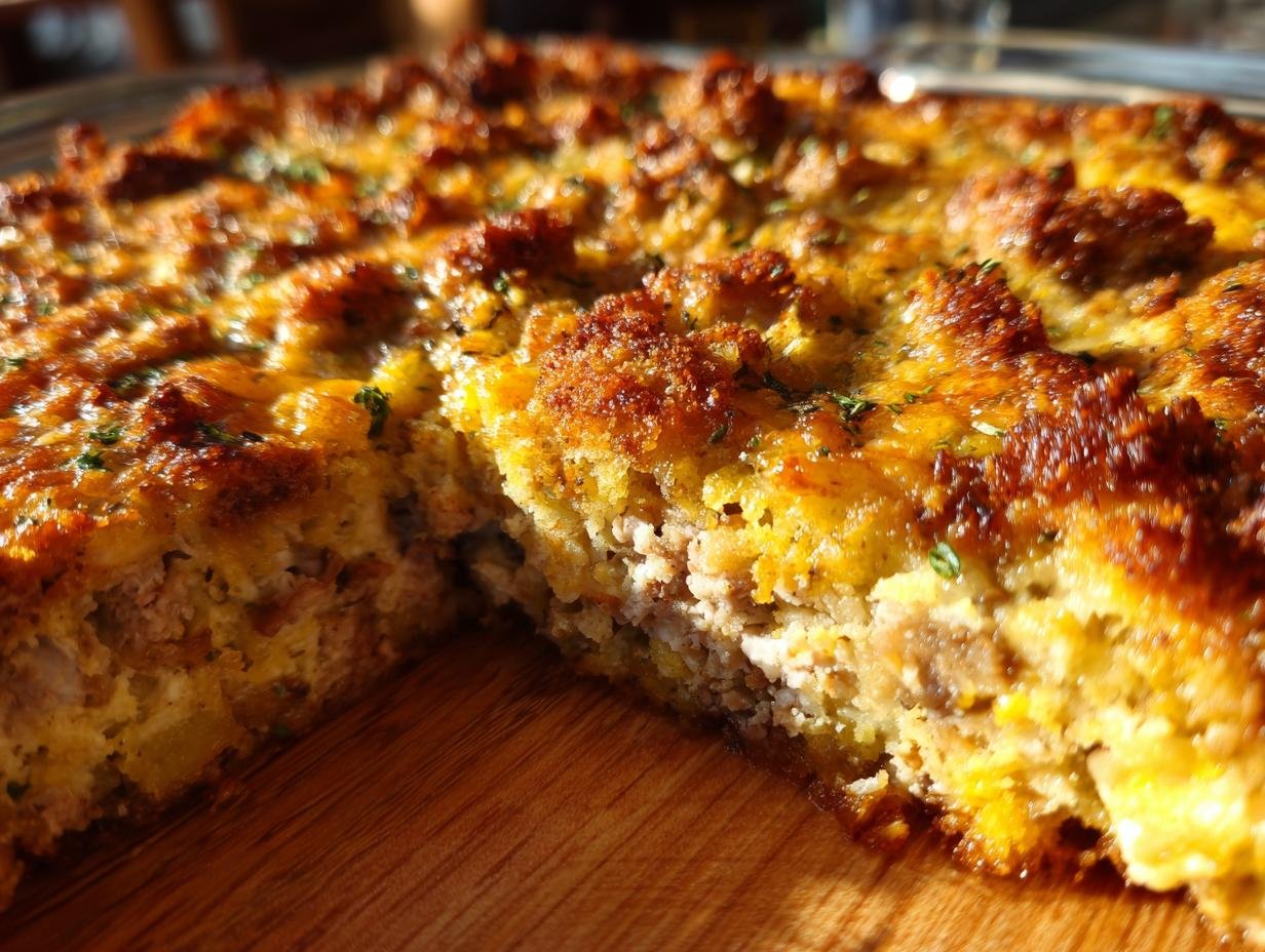 Close-up of Dolly's Chicken and Stuffing Casserole with a slice cut out, showing the layers of chicken and stuffing.