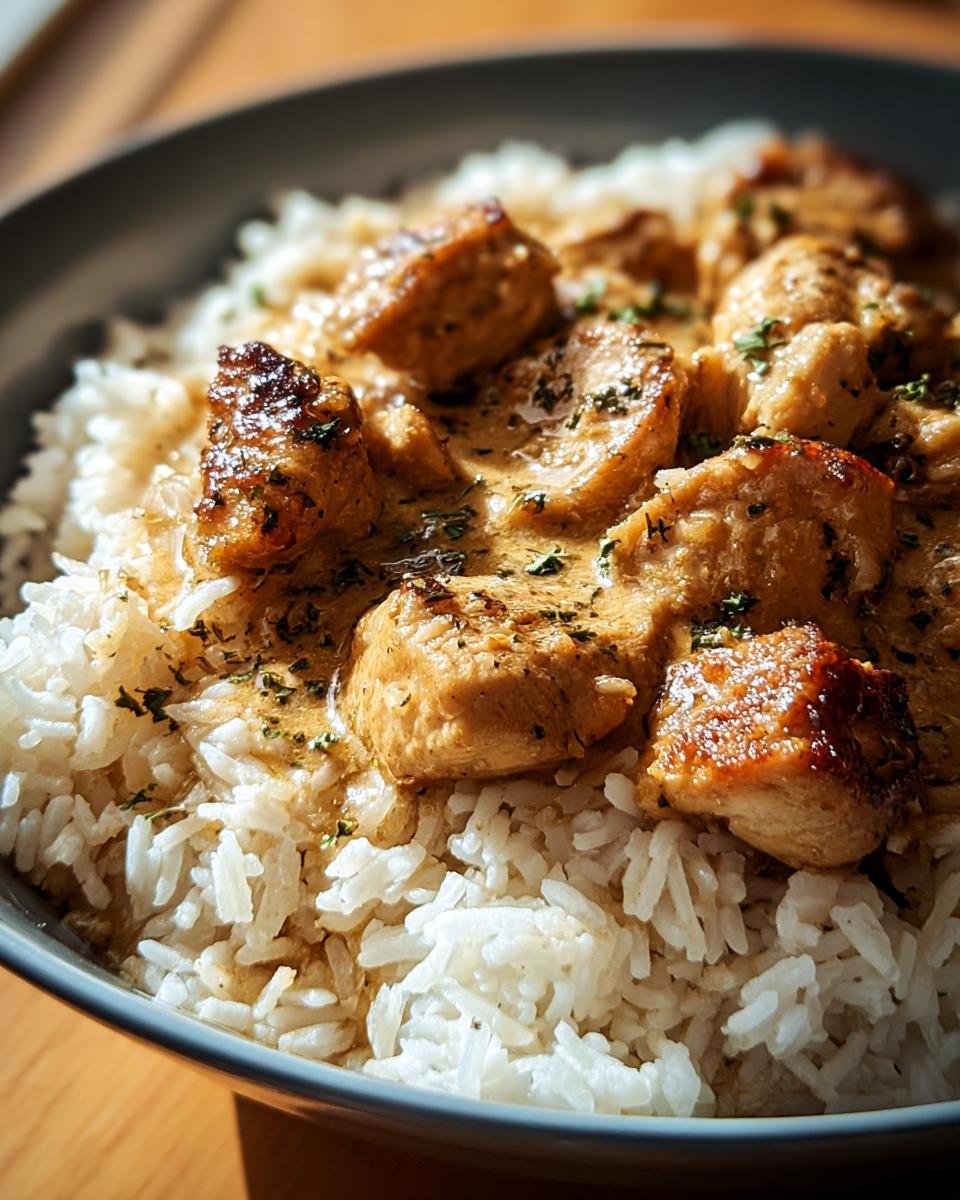 Close-up of a bowl of Chicken and Rice, featuring tender chicken pieces in a creamy sauce over fluffy white rice.