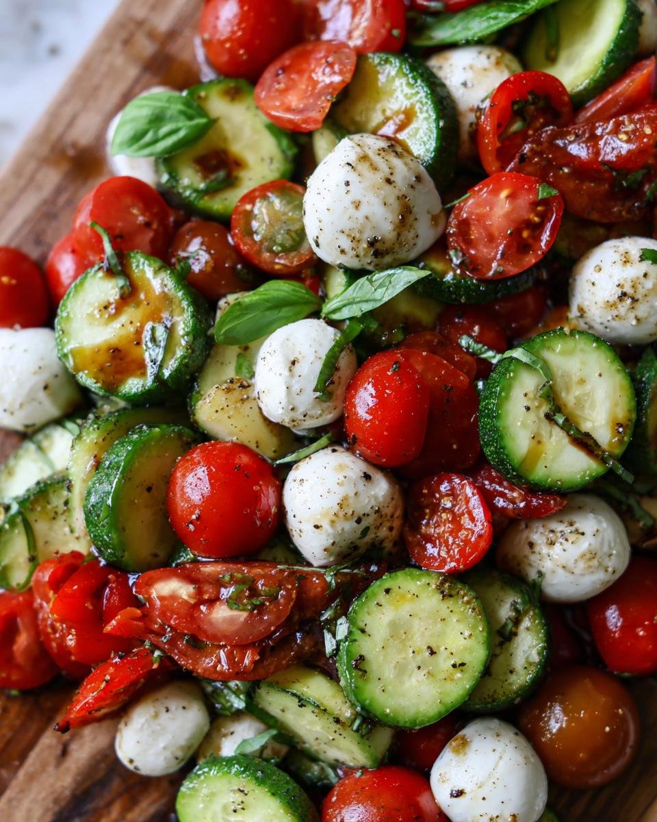 Close-up of Easy Cucumber Caprese Salad with cucumbers, tomatoes, mozzarella balls, and basil.