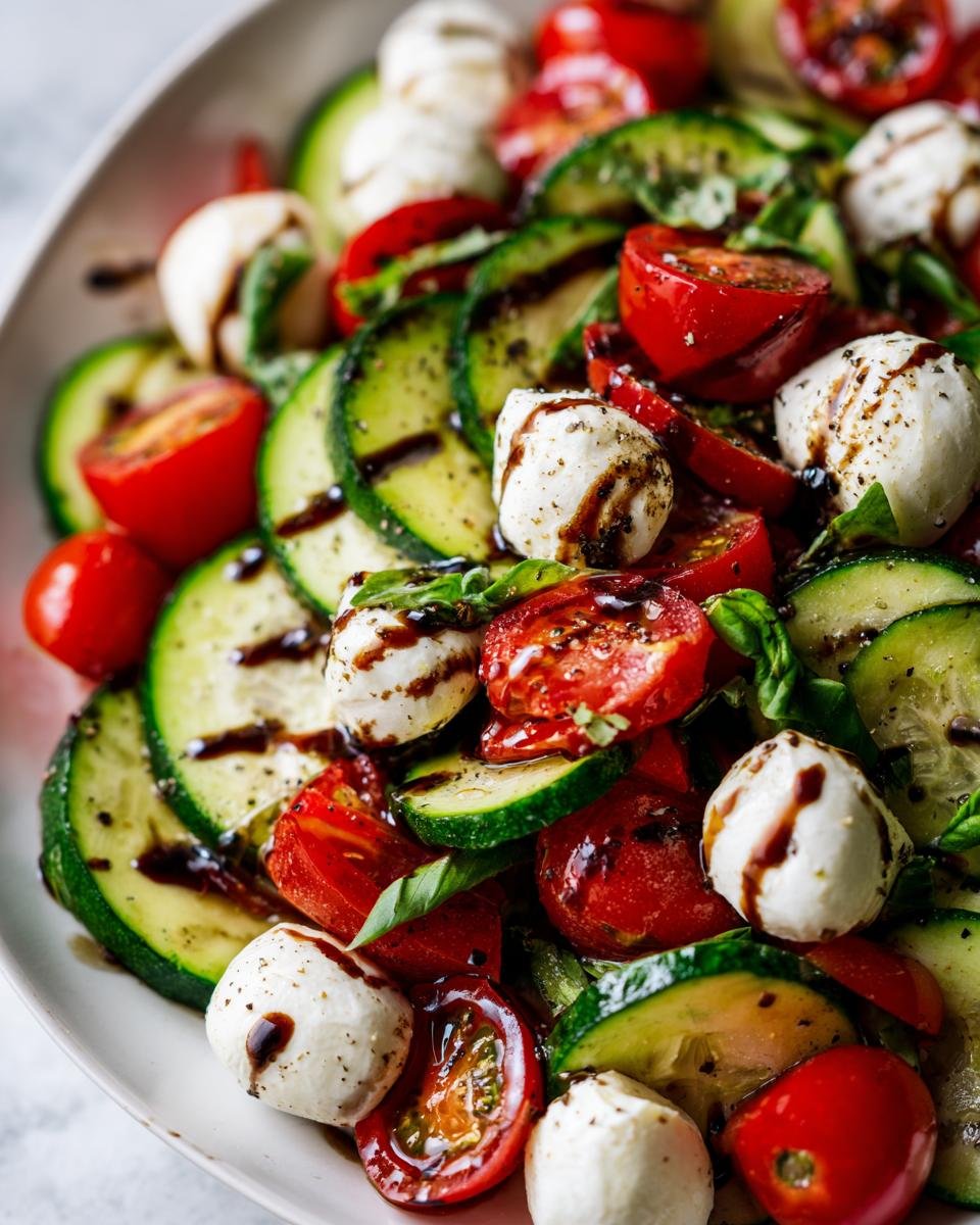 Close-up of Easy Cucumber Caprese Salad with cucumbers, tomatoes, mozzarella, basil, and balsamic glaze.