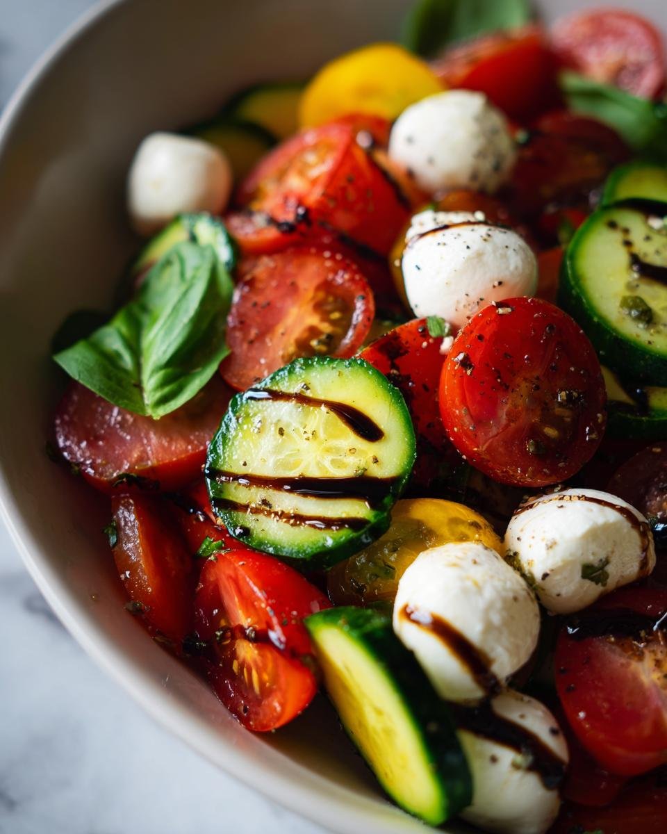 Close-up of Easy Cucumber Caprese Salad with tomatoes, mozzarella balls, basil, and balsamic glaze.
