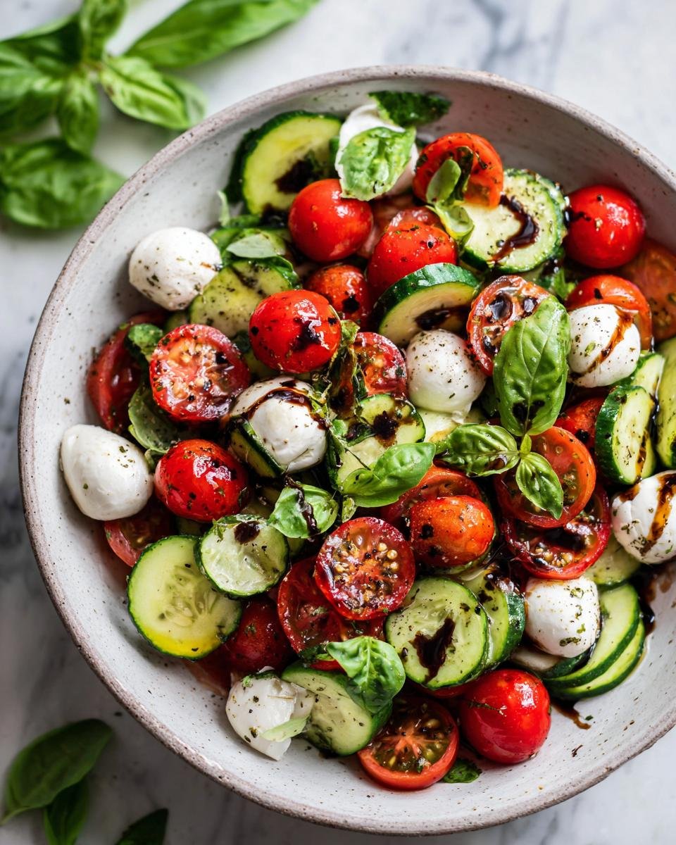 A vibrant bowl of Easy Cucumber Caprese Salad with cucumbers, tomatoes, mozzarella, basil, and balsamic glaze.
