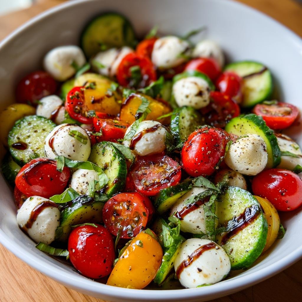 Close-up of a bowl of Easy Cucumber Caprese Salad with tomatoes, mozzarella, cucumber, basil, and balsamic glaze.