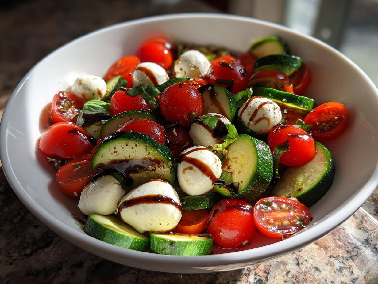 A bowl of Easy Cucumber Caprese Salad with cucumbers, tomatoes, mozzarella, basil, and balsamic glaze.