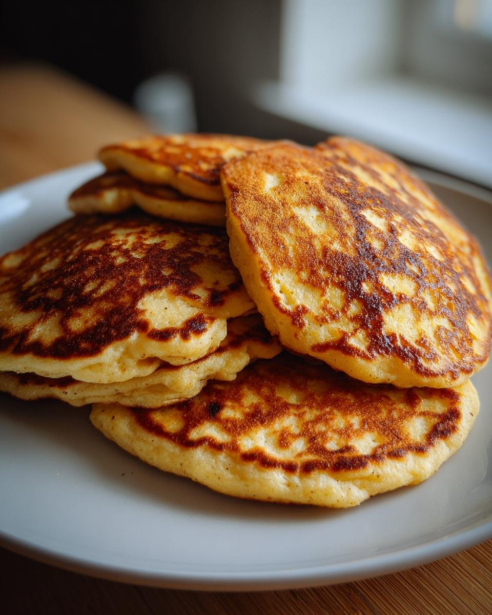 A stack of golden brown Energizing Red Lentil Pancakes on a white plate.