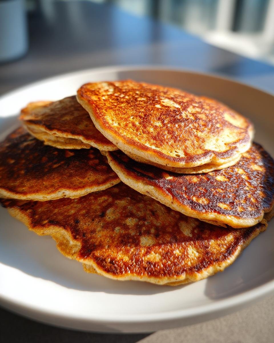 A stack of golden brown Energizing Red Lentil Pancakes on a white plate, ready to eat.