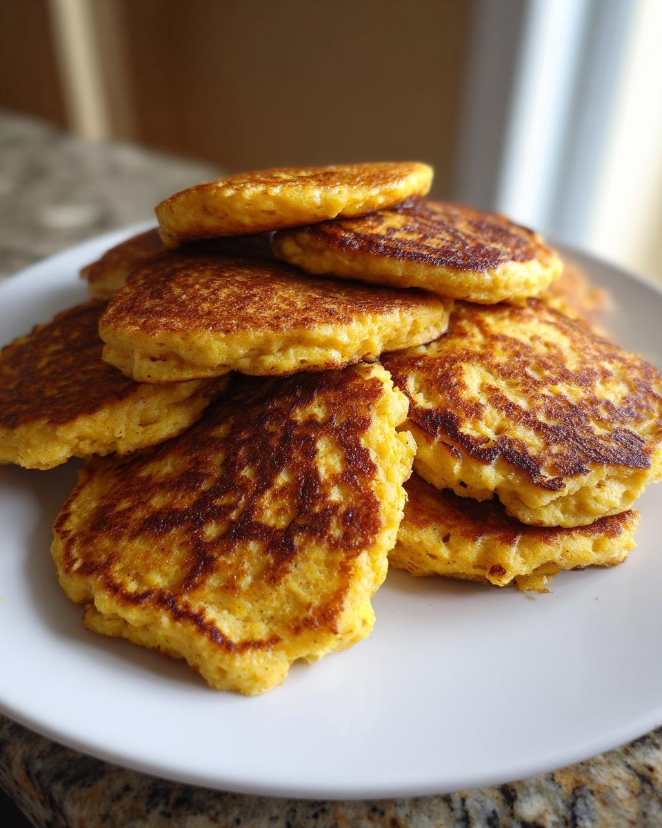 A stack of golden brown Energizing Red Lentil Pancakes on a white plate, ready to eat.