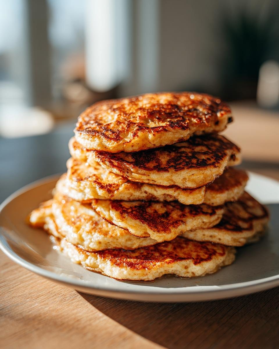 A stack of golden brown Energizing Red Lentil Pancakes on a plate, ready to eat.