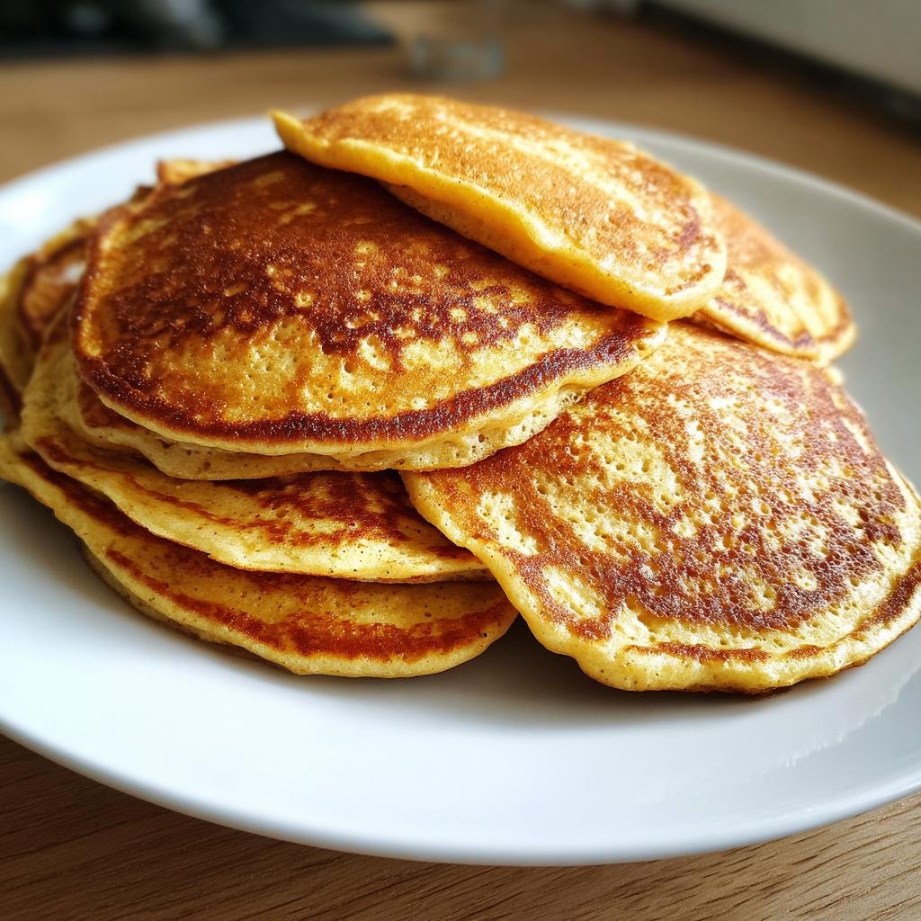 A stack of golden brown Energizing Red Lentil Pancakes on a white plate, ready to eat.