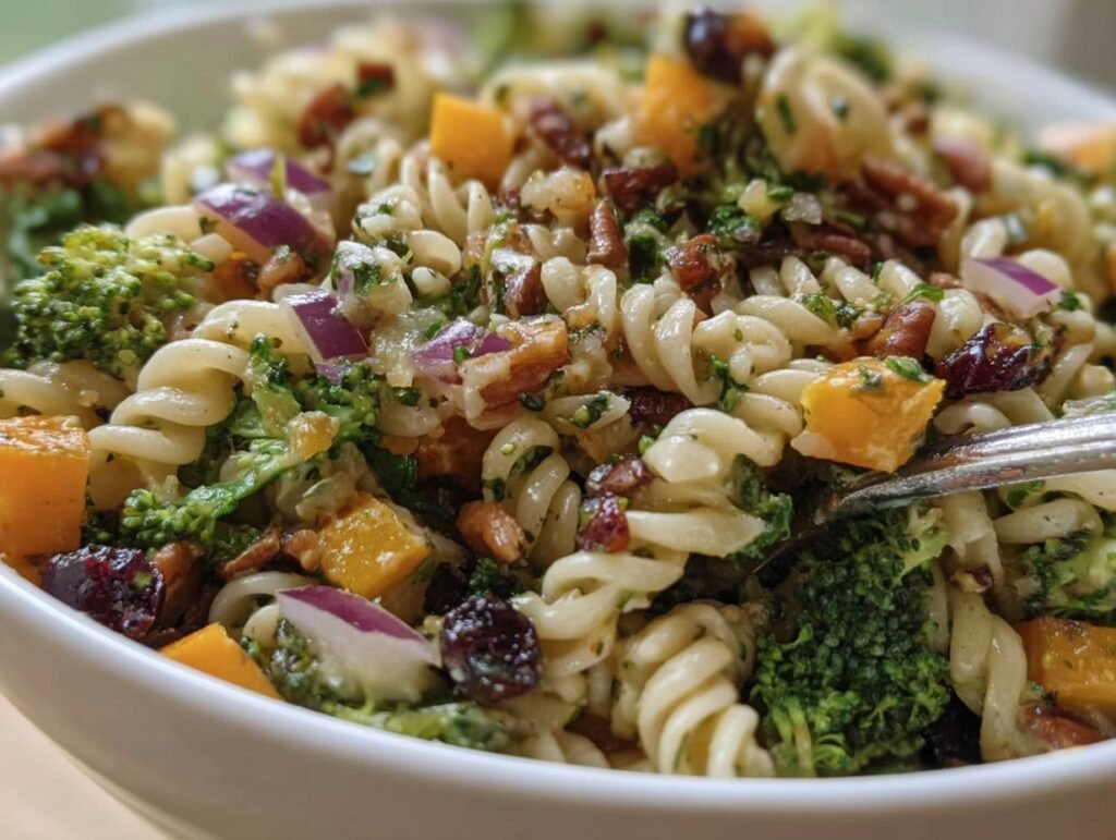 Close-up of Fall Harvest Pasta Salad featuring rotini pasta, butternut squash, broccoli, red onion, and cranberries.
