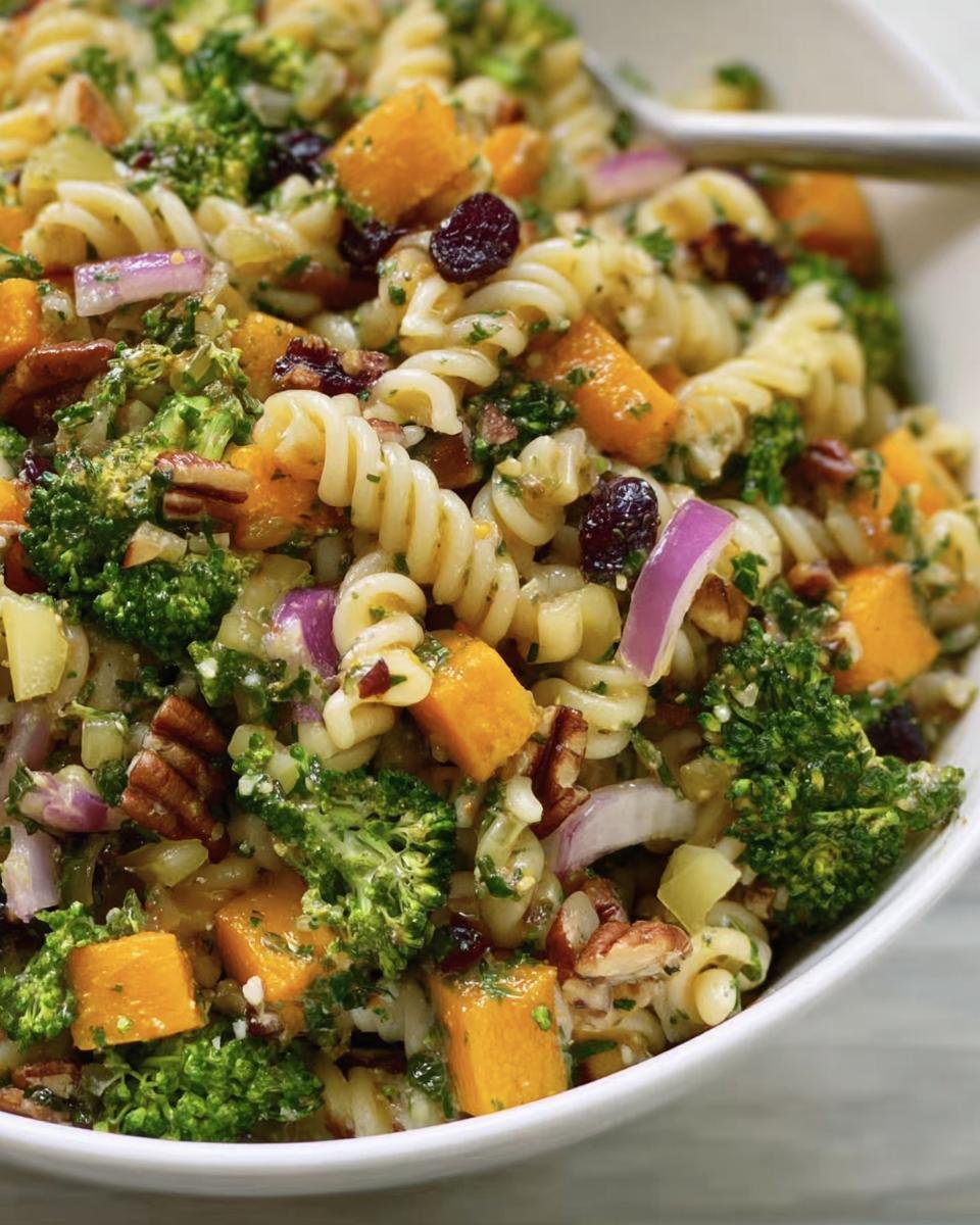 Close-up of Fall Harvest Pasta Salad with pasta, butternut squash, broccoli, cranberries, pecans, and red onion.