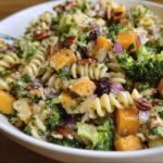 Close-up of a vibrant Fall Harvest Pasta Salad with butternut squash, broccoli, pecans, and cranberries.