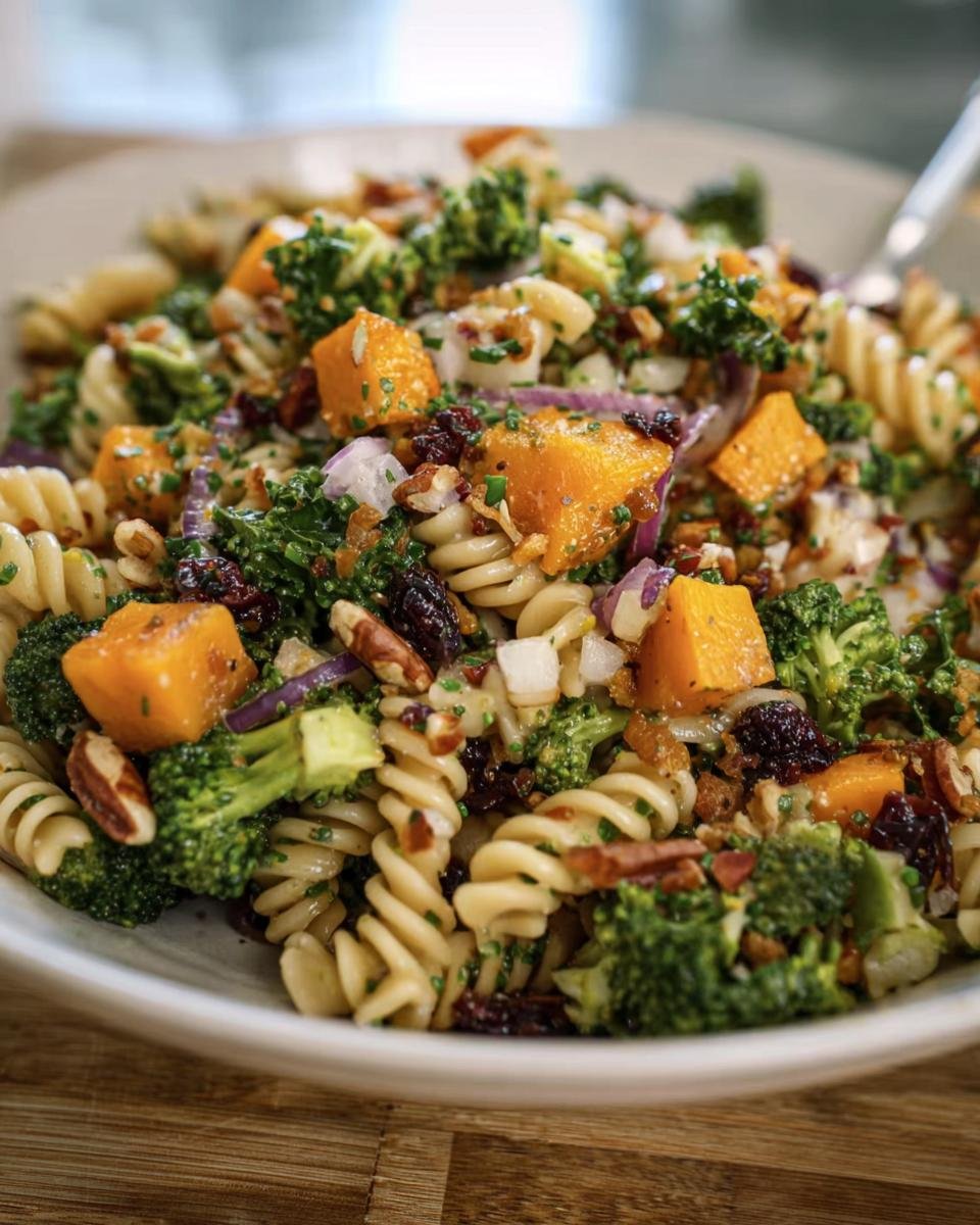 Close-up of Fall Harvest Pasta Salad with spiral pasta, butternut squash, broccoli, cranberries, pecans, and red onion.