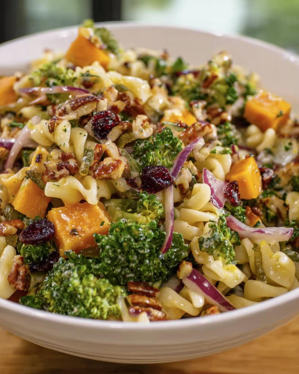 A vibrant bowl of Fall Harvest Pasta Salad with pasta, squash, broccoli, pecans, and cranberries.