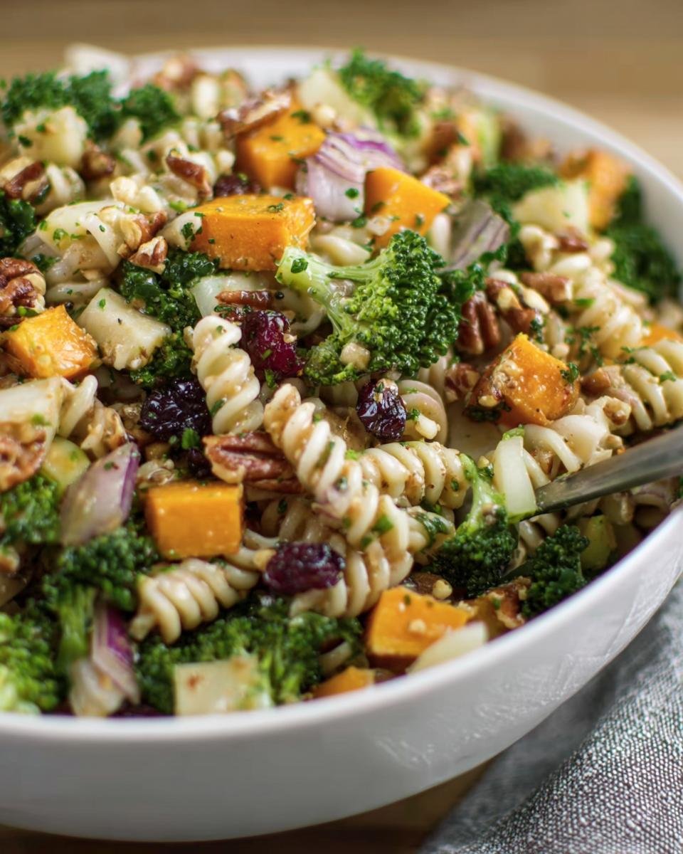 Close-up of a vibrant Fall Harvest Pasta Salad in a white bowl, featuring pasta, butternut squash, broccoli, and pecans.