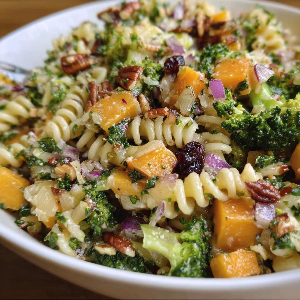 Close-up of a vibrant Fall Harvest Pasta Salad with butternut squash, broccoli, pecans, and cranberries.