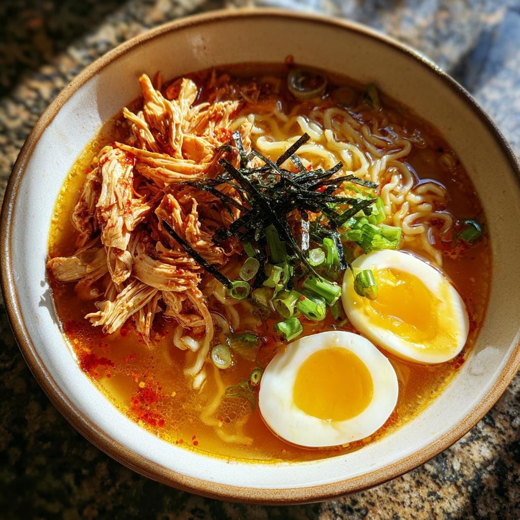 A bowl of Fiery Chicken Ramen topped with shredded chicken, seaweed, green onions, and a soft-boiled egg.