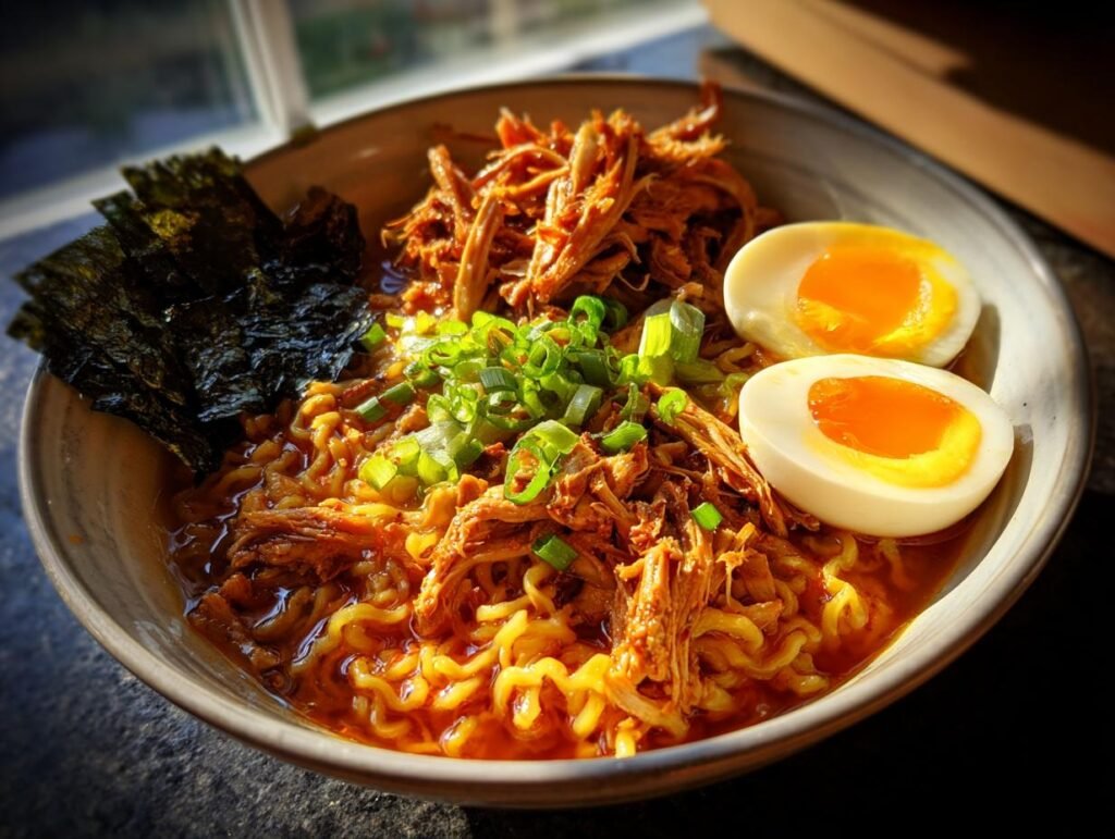 A delicious bowl of Fiery Chicken Ramen topped with pulled chicken, a soft boiled egg, seaweed, and green onions.