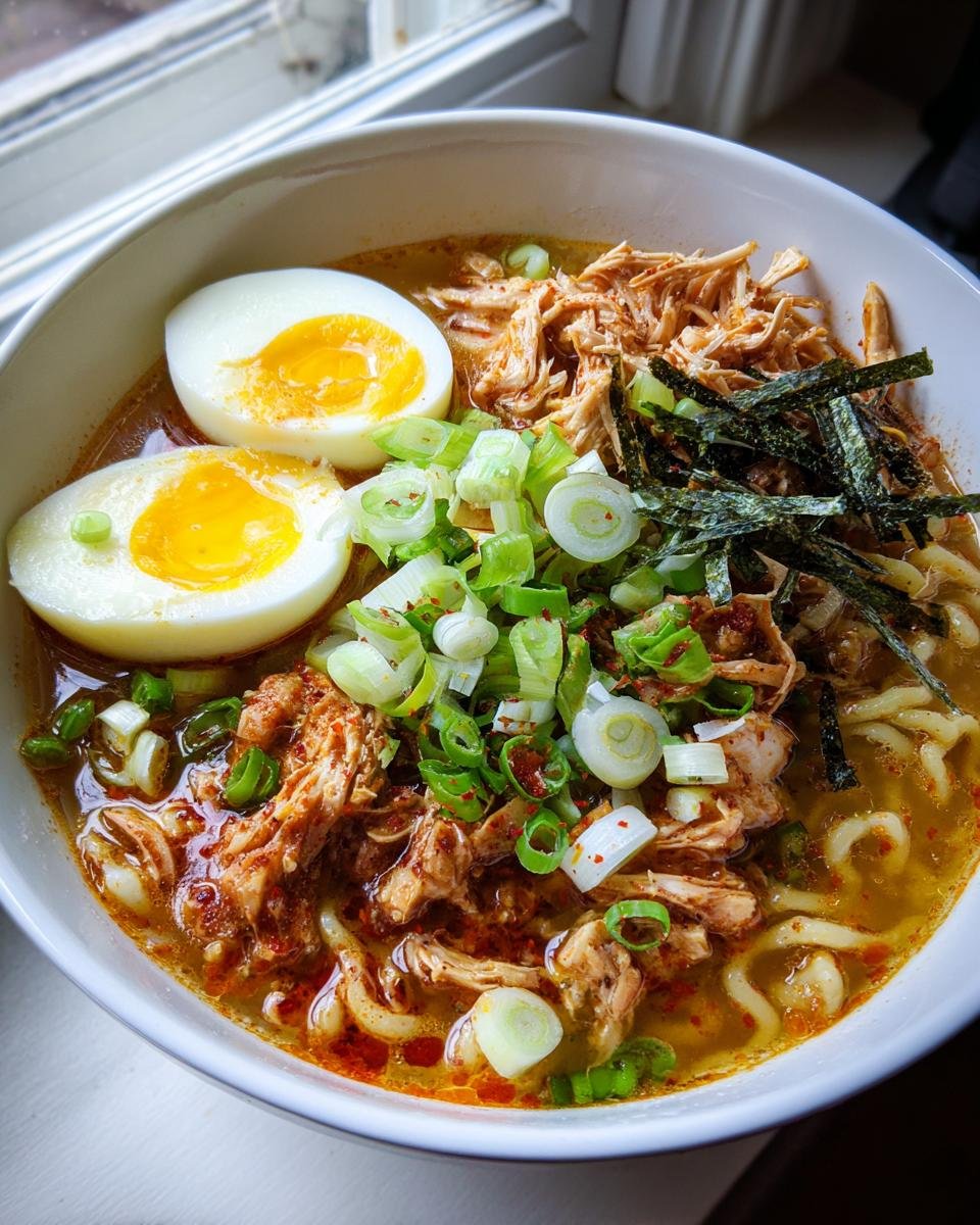 A delicious bowl of Fiery Chicken Ramen with soft boiled egg, scallions, and nori seaweed.