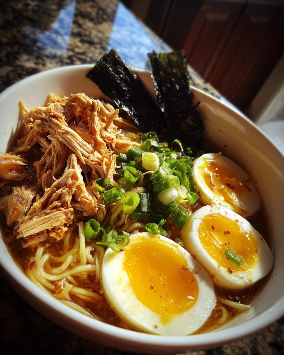 A delicious bowl of Fiery Chicken Ramen topped with shredded chicken, soft boiled egg, seaweed and green onions.