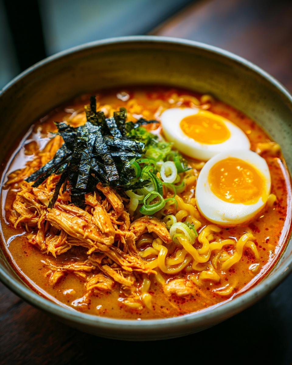 A delicious bowl of Fiery Chicken Ramen with soft boiled egg, seaweed, and scallions.