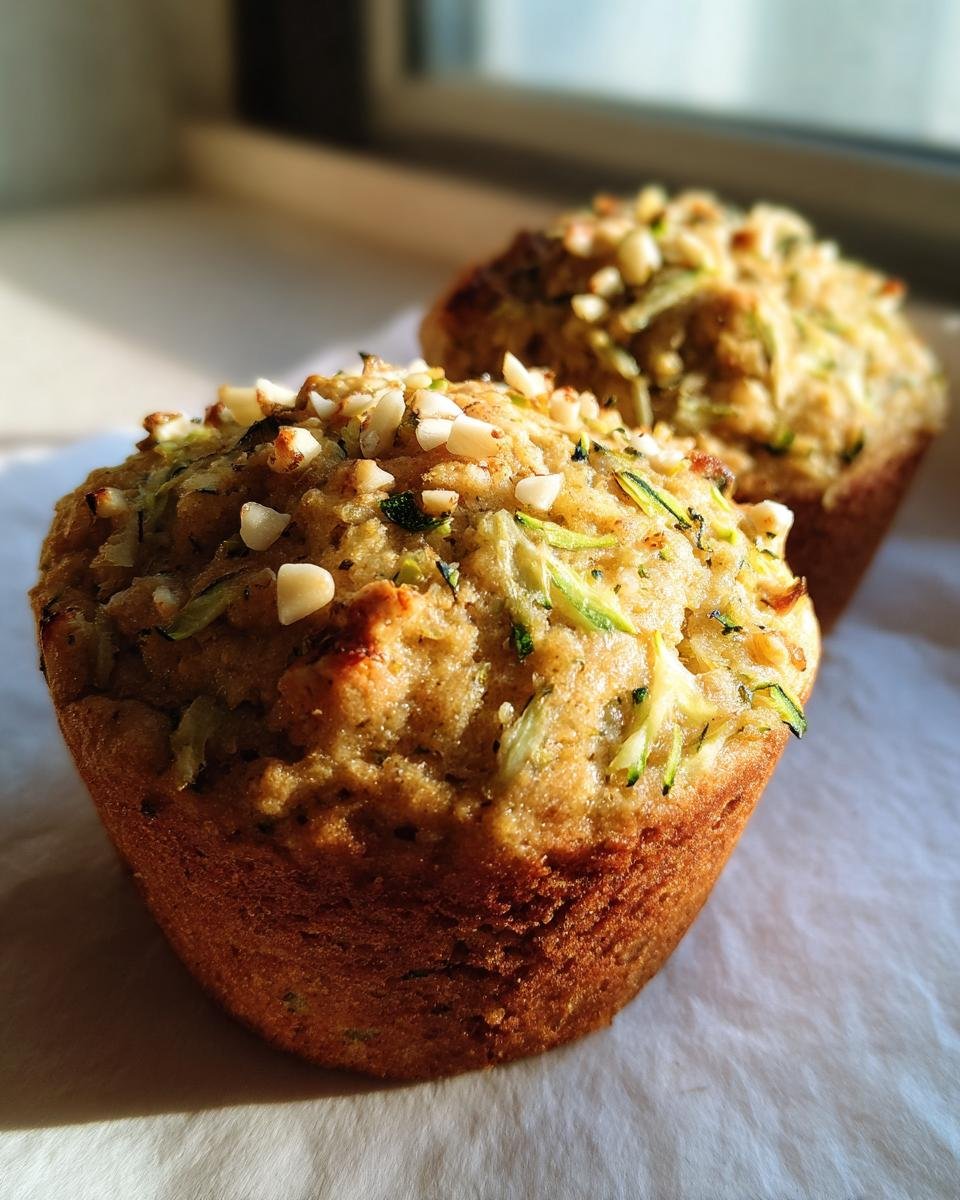 Two Fluffy Almond Zucchini Muffins, one in focus, topped with almonds and shredded zucchini.